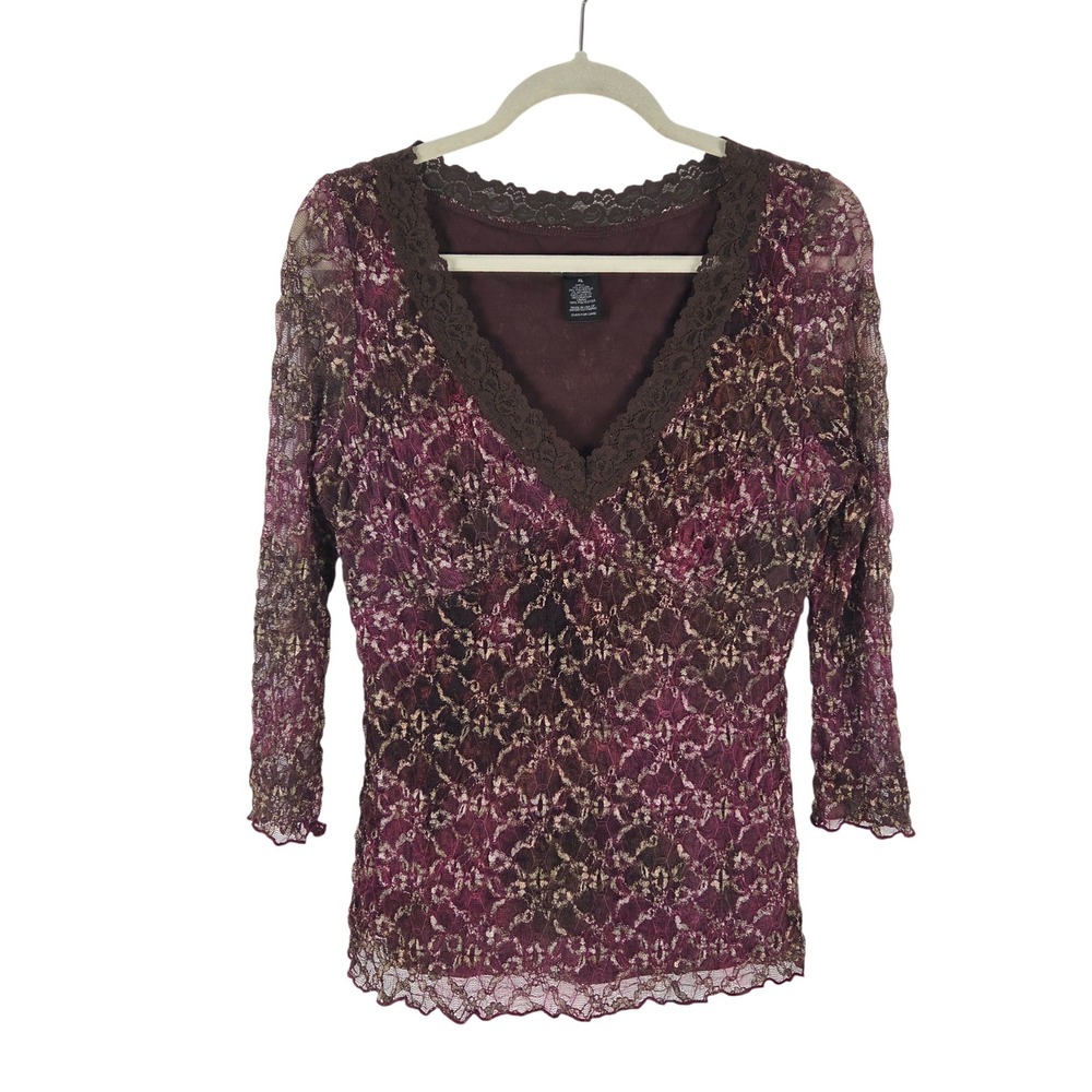 INC Purple Brown Lace Mesh 3/4 Sleeve Top Fairy Grunge Y2K Whimsigoth